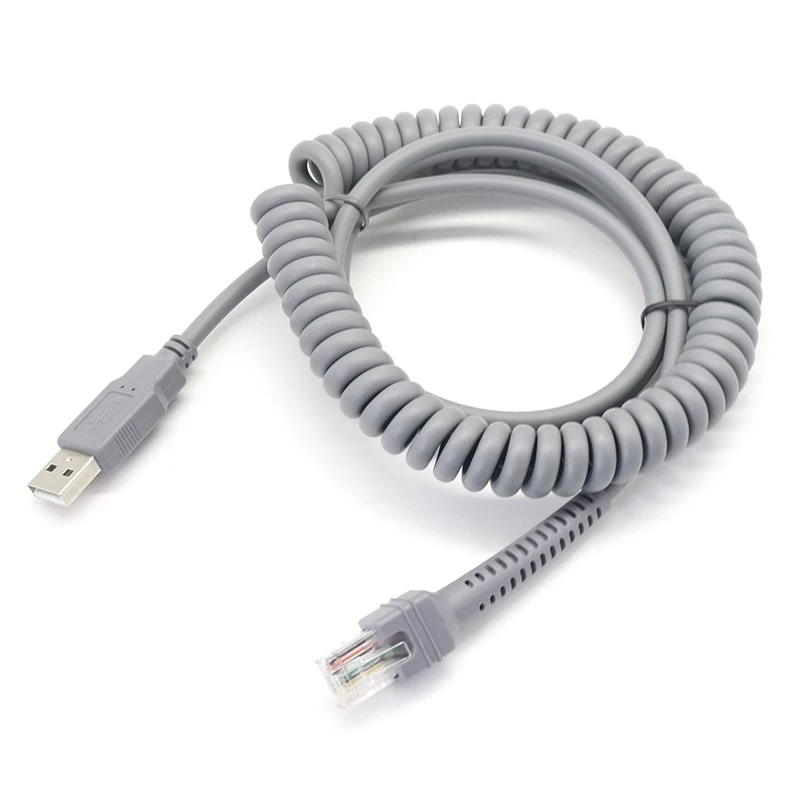 China USB A to RJ45 RJ48 RJ50 10P10C Coiled Spiral Extension Cable for Symbol Barcode Scanner Ls2208 manufacturer