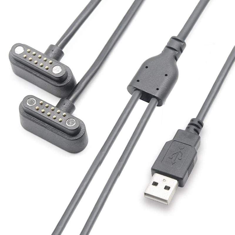 China Splitter USB-A-Stecker auf duales 10-poliges magnetisches Pogo-Pin-Kabel Gefederte Pogo-Pin-Kabelbaugruppe Fabrik Hersteller
