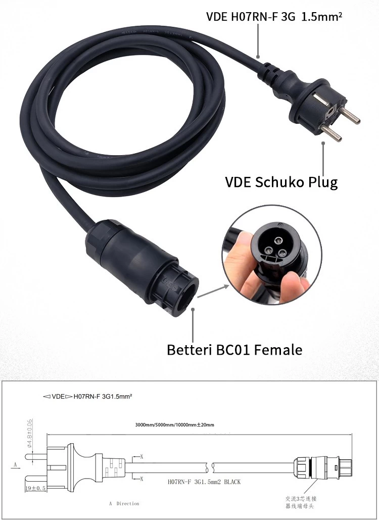 China Waterproof 3G 1.5mm 2 AC Extension Cable Betteri BC01 Female To Schuko Plug Power Cord for Photovoltaic System manufacturer