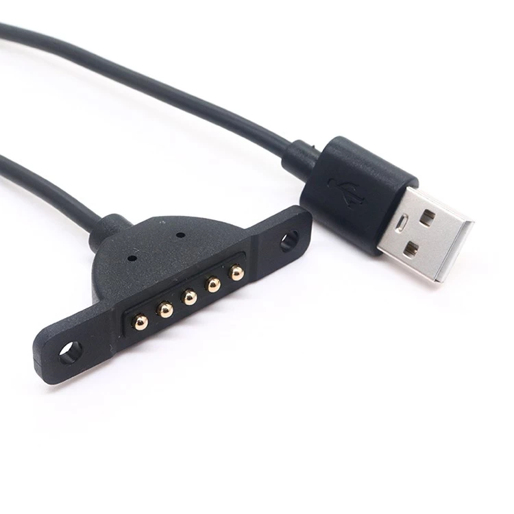 China Customized USB 2.0 Male to 5pin Magnetic Charging Cable Pogo Pin Spring Loaded Connector Charger Cable manufacturer