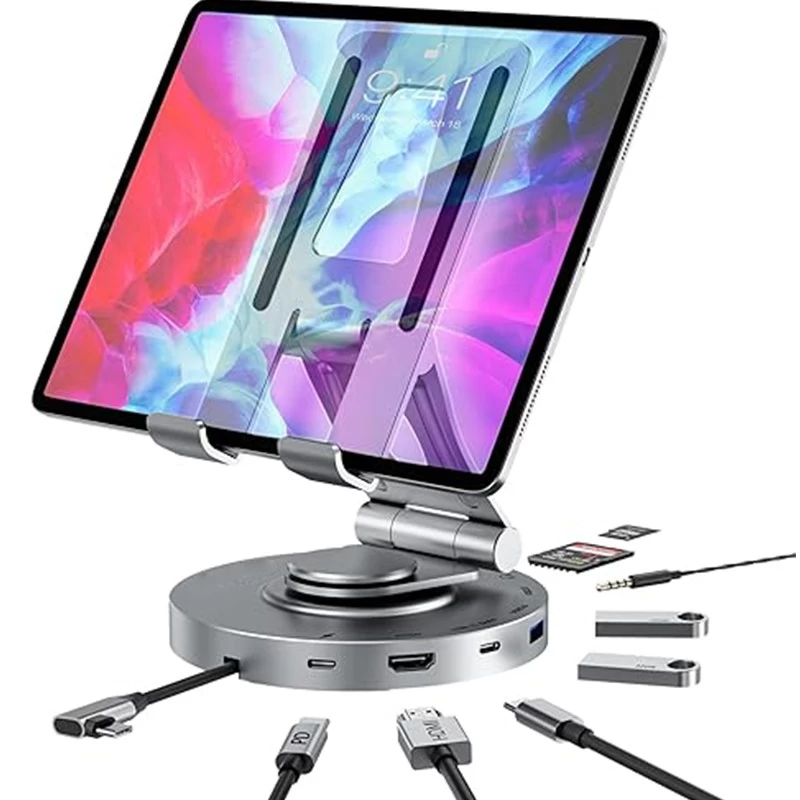 China Hub USB C para estação de acoplamento iPad Pro, suporte dobrável rotativo 8 em 1 para tablet tipo C com 4K HDMI, porta de dados USB C 3.0 fabricante