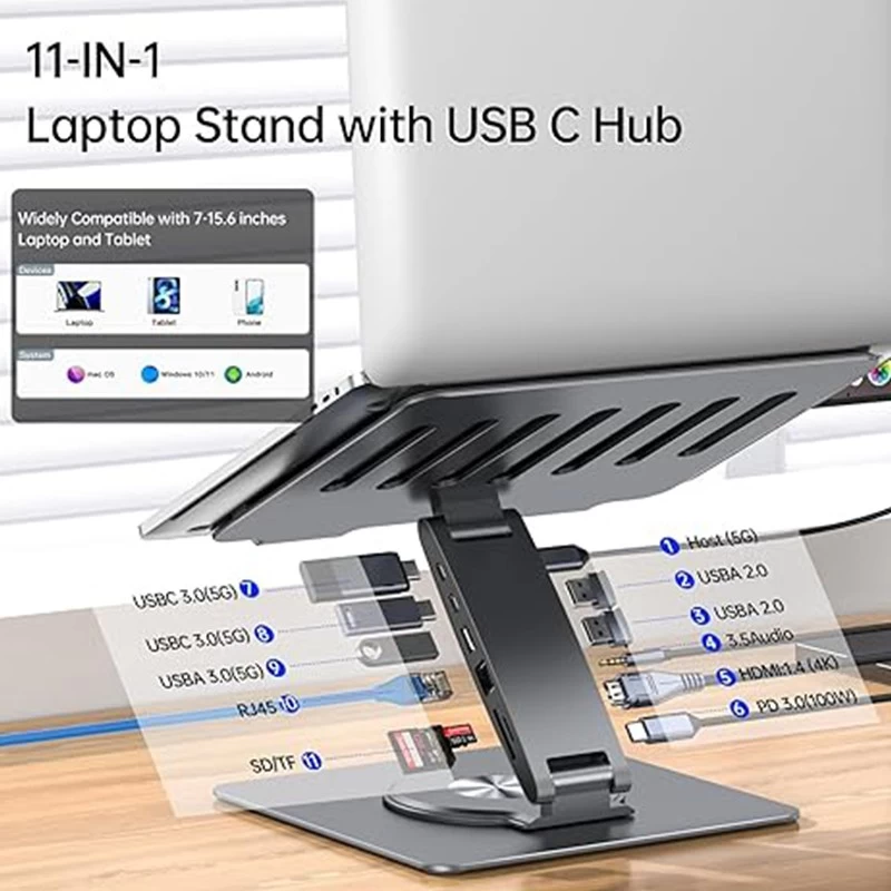 China Opvouwbare 11-in-1 USB C-hubstandaard voor iPad-standaard met draaibare opvouwbare standaard, iPad Hub-dockingstation fabrikant