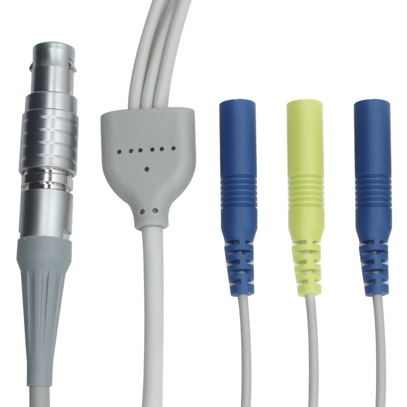 China 4-poliger Metall-LEMO-Stecker auf 2,0-mm-Elektrodenleitungen mit Mantel – 1 bis 3 medizinische EKG-/Patientenmonitorkabel (ISO13485-Hersteller) Hersteller