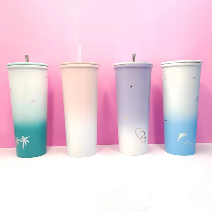 304 SS Nuevo diseño Reutilizable Sin asa Aislamiento al vacío Tazas para beber café para niñas con pajita