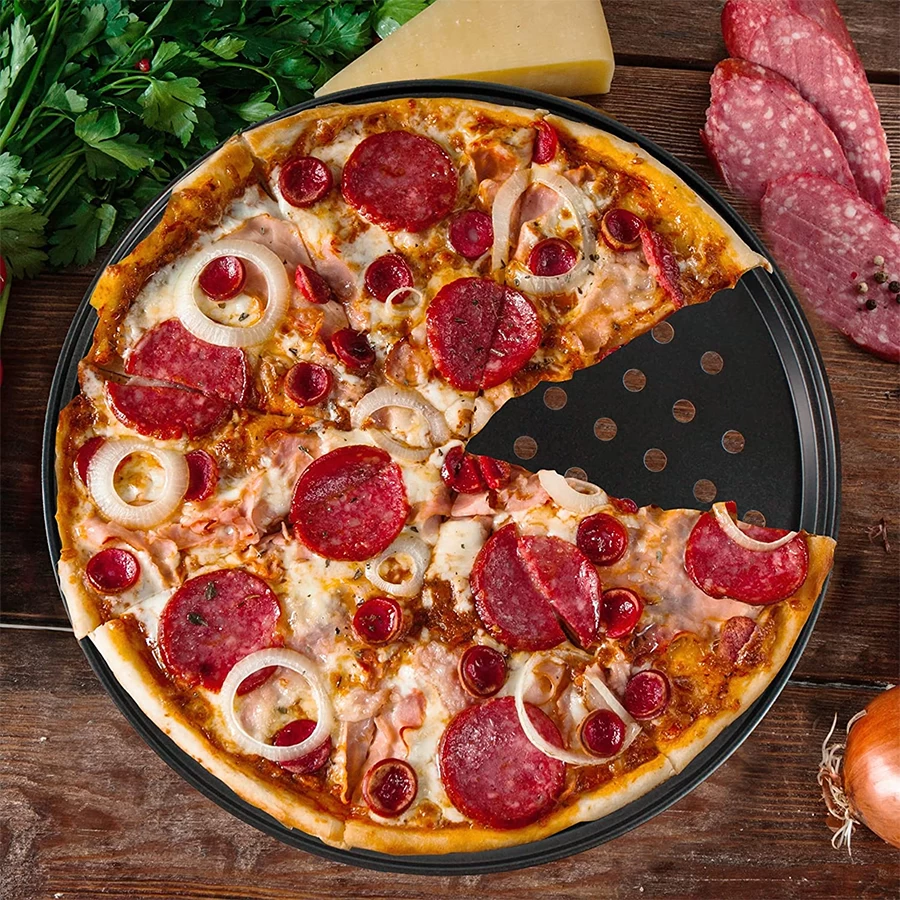 Venta al por mayor, bandeja de aluminio para pizza reutilizable de 16 pulgadas con agujeros