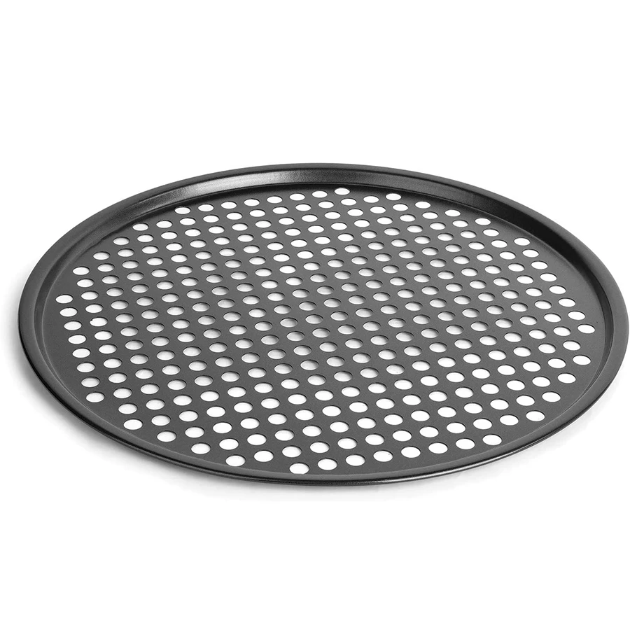 Venta al por mayor, bandeja de aluminio para pizza reutilizable de 16 pulgadas con agujeros