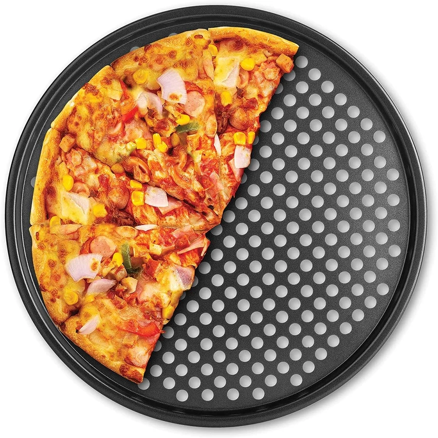 Venta al por mayor, bandeja de aluminio para pizza reutilizable de 16 pulgadas con agujeros