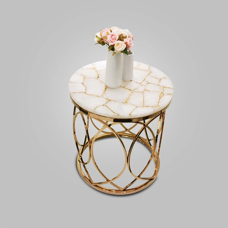 Luxury Gemstone White Crystal Side Table - With Gold Foil