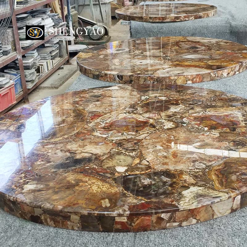 سطح طاولة مستديرة من الخشب المتحجر