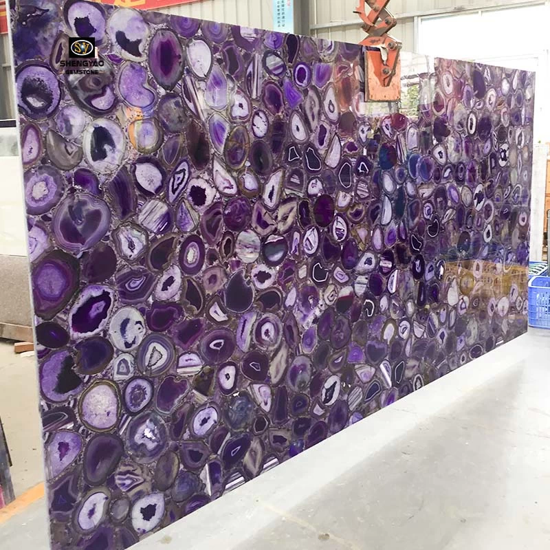 Dalle de pierre semi-précieuse en agate violette rétro-éclairée