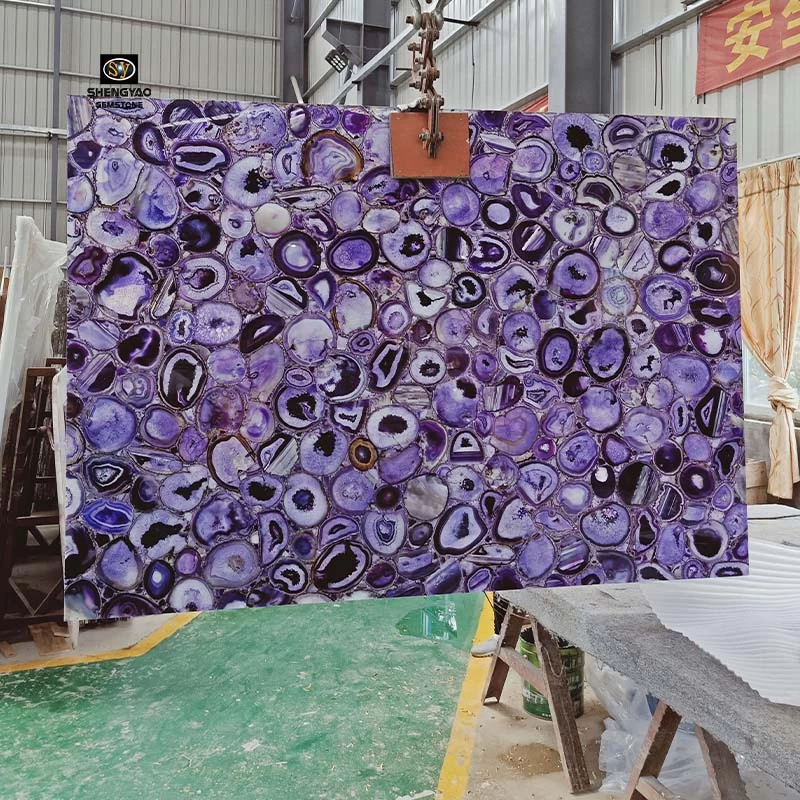 Dalle de pierre semi-précieuse en agate violette rétro-éclairée