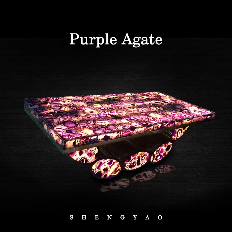 Table à manger en agate violette|Meubles en pierre semi-précieuse rétroéclairés|Pierre précieuse de Shengyao