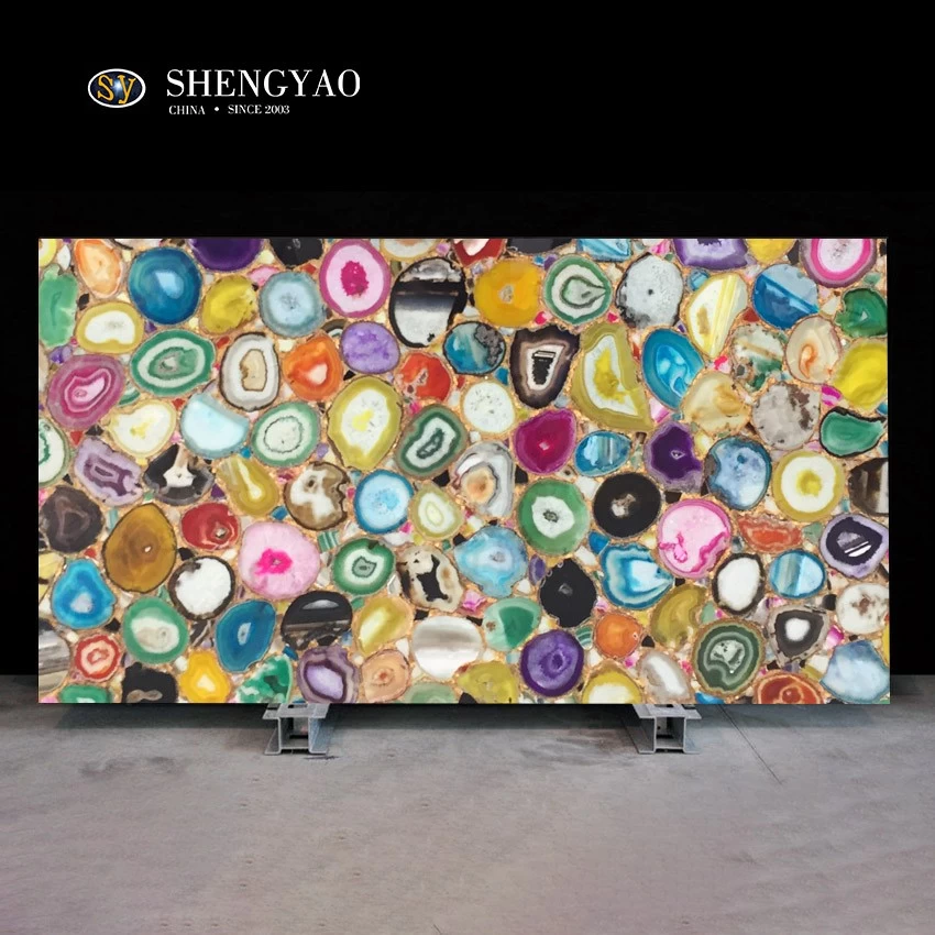 Multicolor Outlined Agate Slab With Gold Left | Semiprecious Stone Slabs