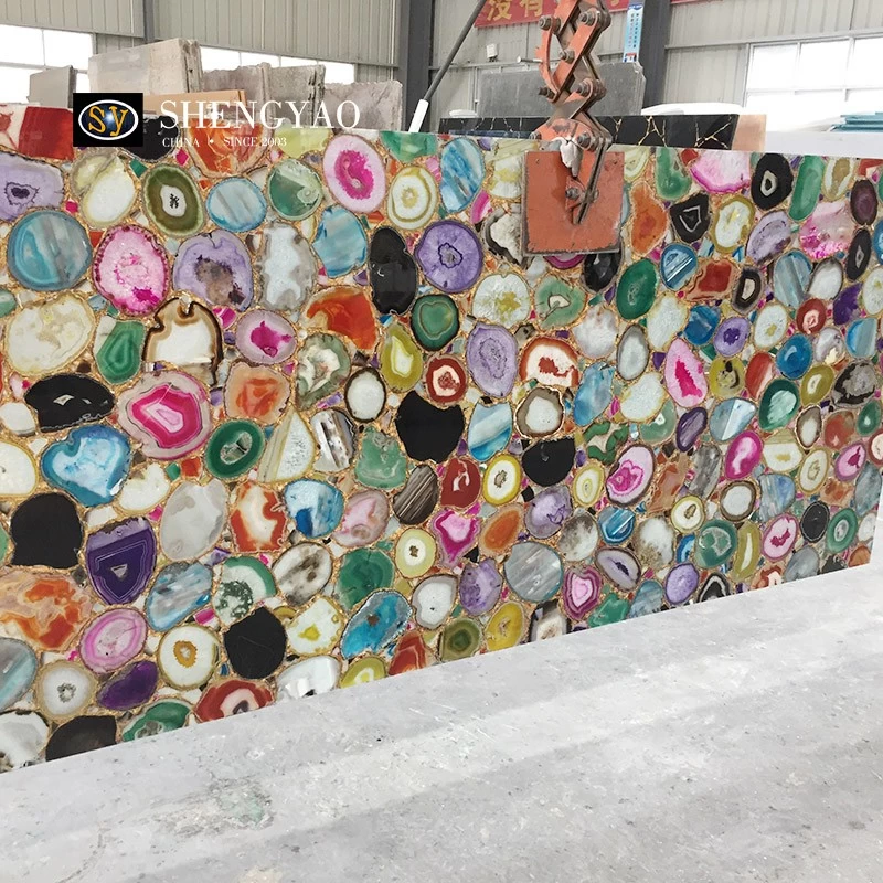 Multicolor Outlined Agate Slab With Gold Left | Semiprecious Stone Slabs