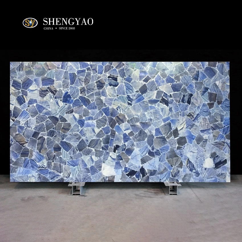 Dalle de pierres précieuses d'aventurine bleue rétro-éclairée en gros, panneau mural en pierre semi-précieuse