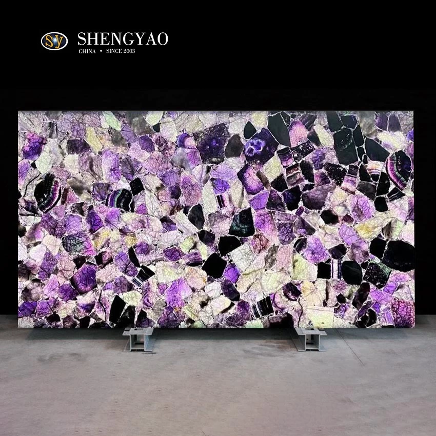 透光紫萤石板水晶石半宝石板
