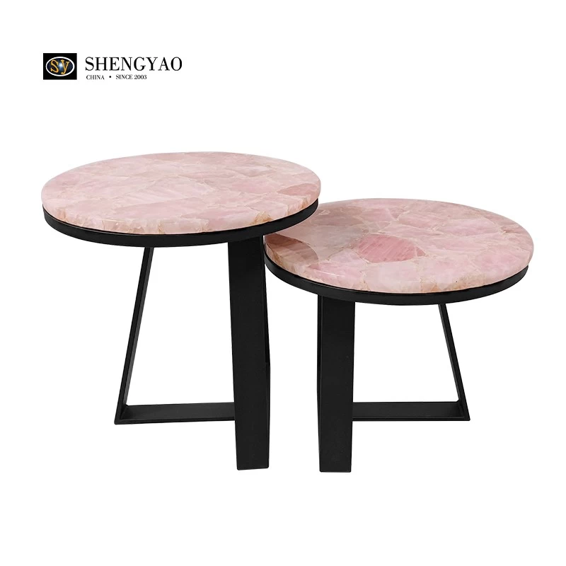 Table d'appoint en pierre de cristal de quartz rose, fabrication de meubles en pierres précieuses solides