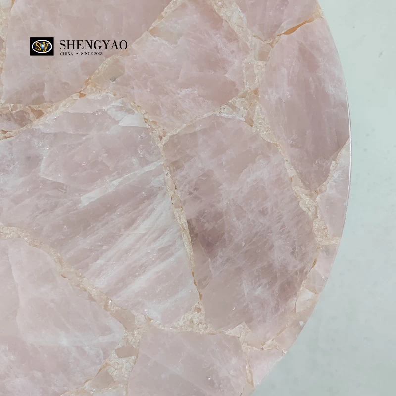 طاولة جانبية من حجر الكوارتز الكريستالي الوردي ، تصنيع أثاث الأحجار الكريمة الصلبة