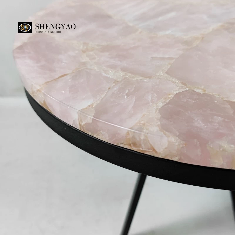 طاولة جانبية من حجر الكوارتز الكريستالي الوردي ، تصنيع أثاث الأحجار الكريمة الصلبة