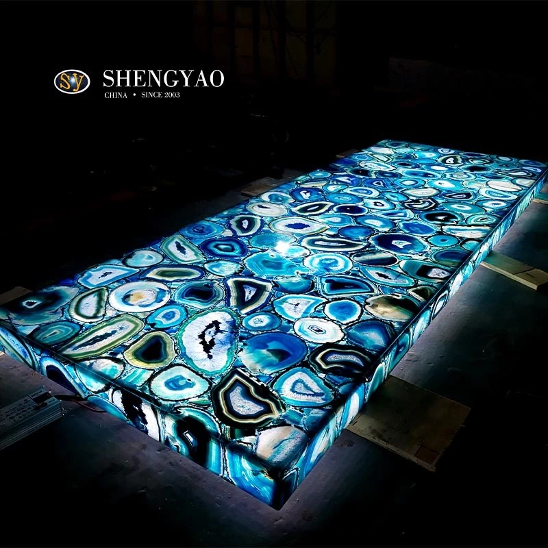 Comptoir de bar en pierre d'agate bleue rétro-éclairé,fabricant de dalles de pierre semi-précieuse