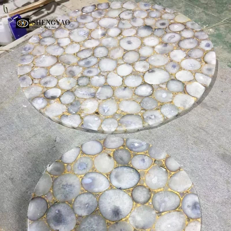 Comptoir en pierre semi-précieuse de table en pierre d'agate d'onyx blanc rond