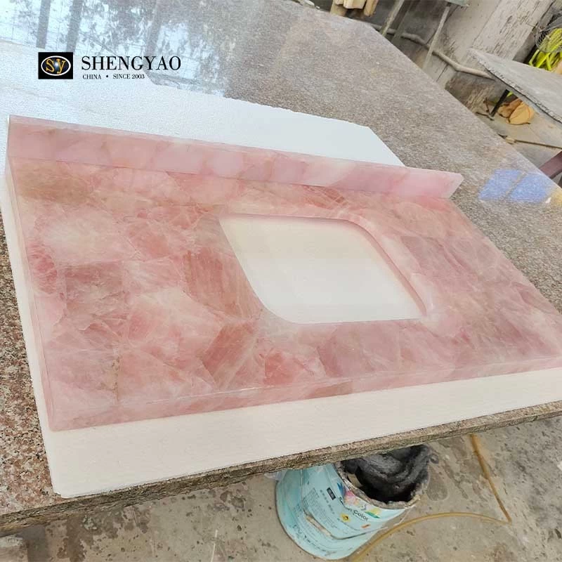 Lavabo en quartz rose Lavabo en cristal rose Fabricants de comptoirs en pierre semi-précieuse Chine