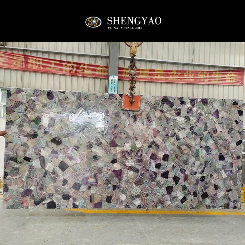 لوح أحجار شبه كريمة من الفلوريت الملون بإضاءة خلفية ، مصنع ألواح الأحجار الكريمة الكريستالية في الصين
