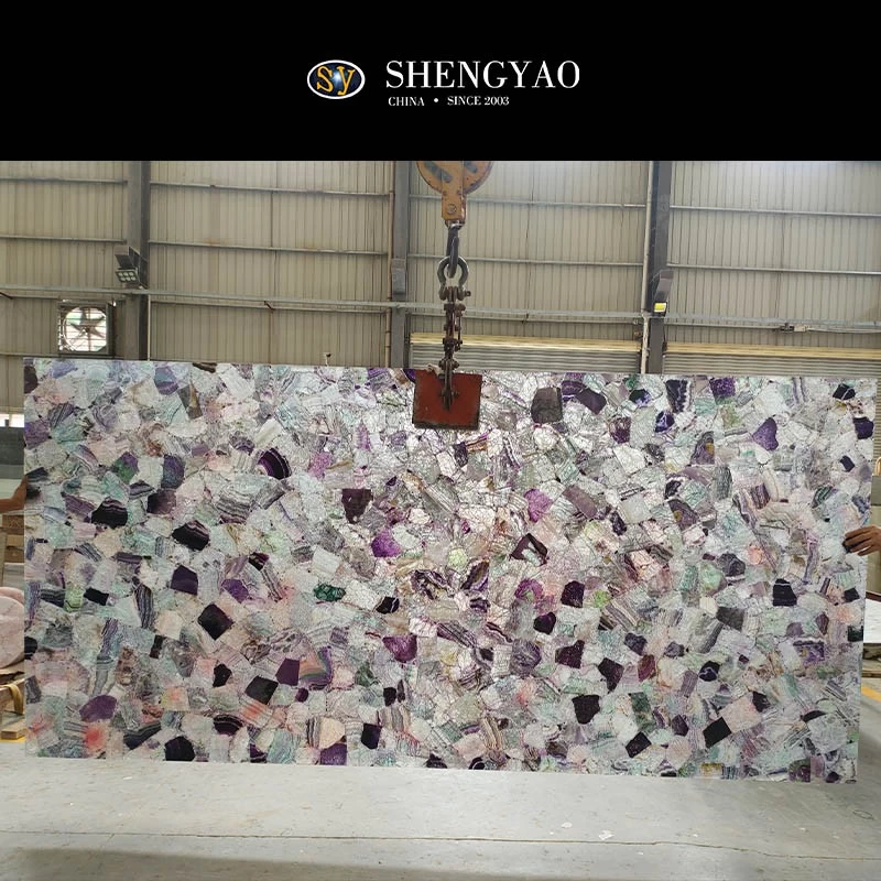 لوح أحجار شبه كريمة من الفلوريت الملون بإضاءة خلفية ، مصنع ألواح الأحجار الكريمة الكريستالية في الصين