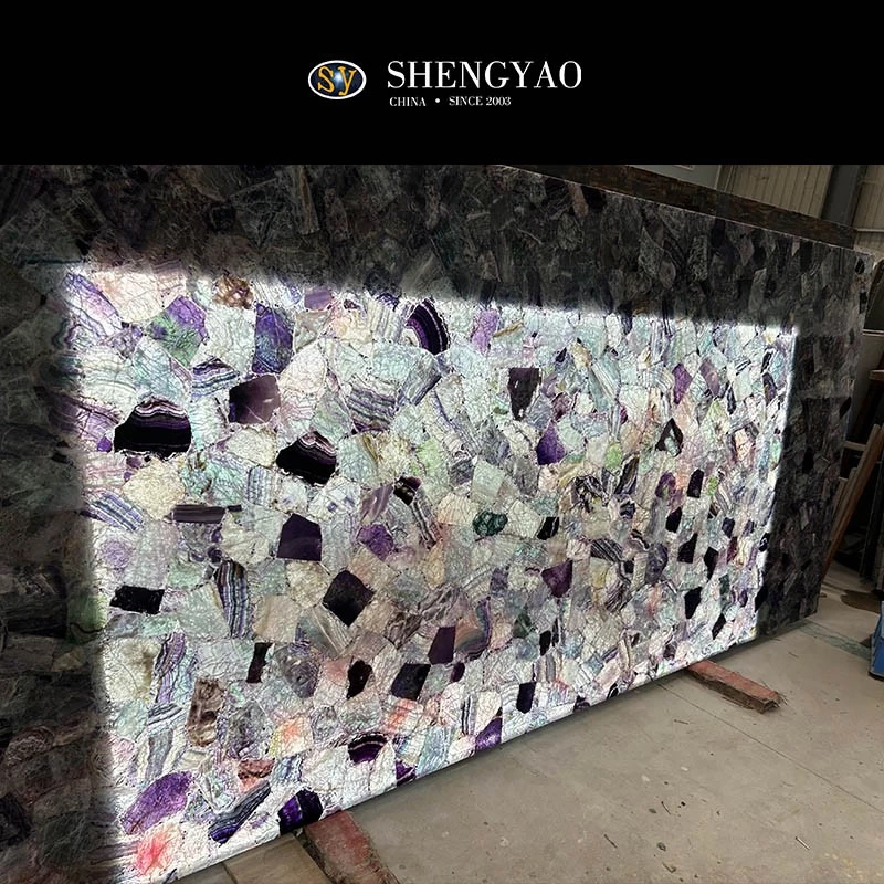 Backlit Colored Fluorite SemiPrecious Stone Slab,Crystal Gemstone Panel Factory China