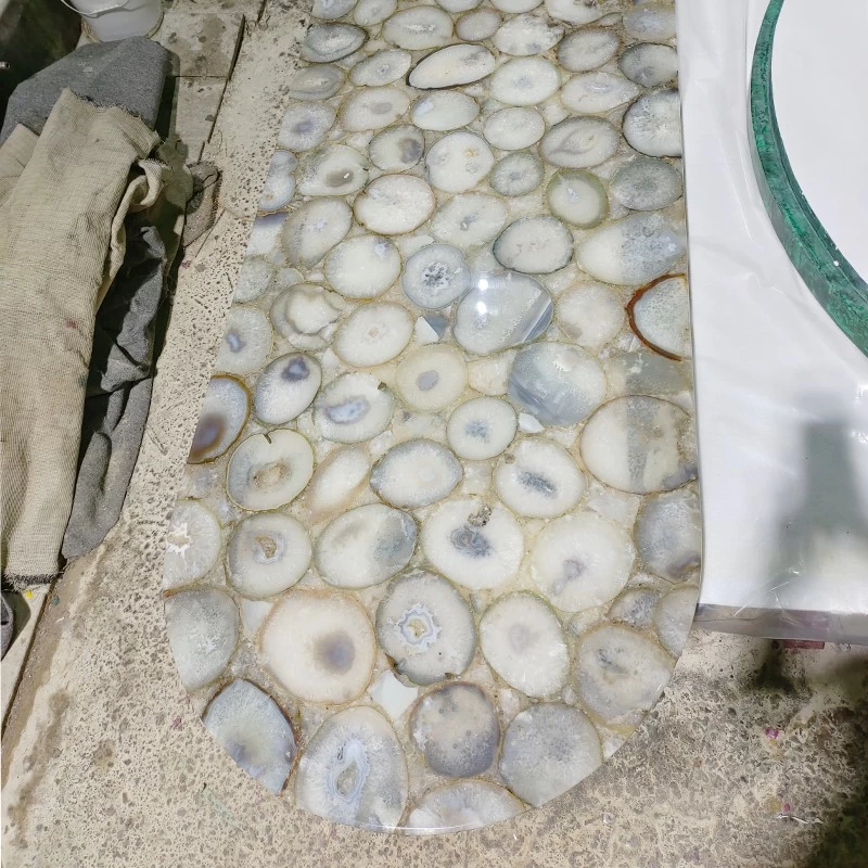 Comptoir en pierre de géode d'agate blanche à surface solide,fournisseur de comptoir en pierre semi-précieuse