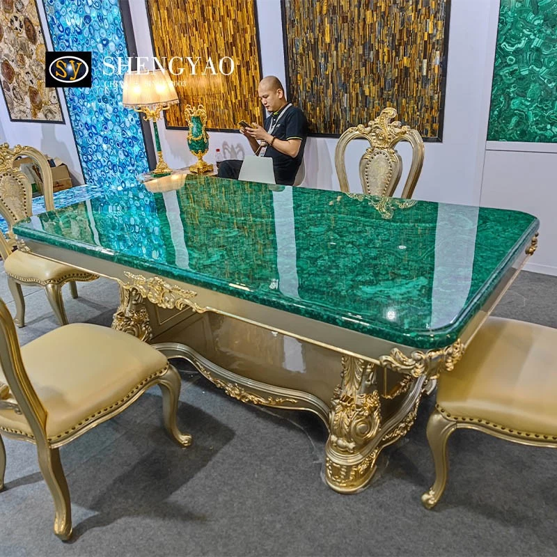 Table à manger luxueuse en malachite verte, fabricant de meubles en malachite Chine