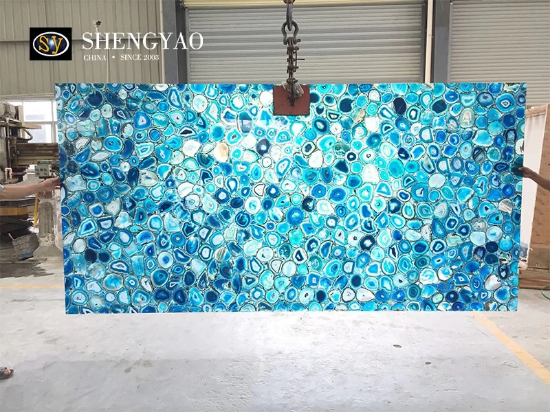 لوح حجر العقيق الأزرق ذو الإضاءة الخلفية الكبيرة، مورد بلاطة الحجر شبه الكريمة الشفافة في الصين