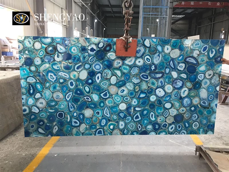 Grande dalle de pierre d'agate bleue rétroéclairée, fournisseur de dalle de pierre semi-précieuse translucide Chine