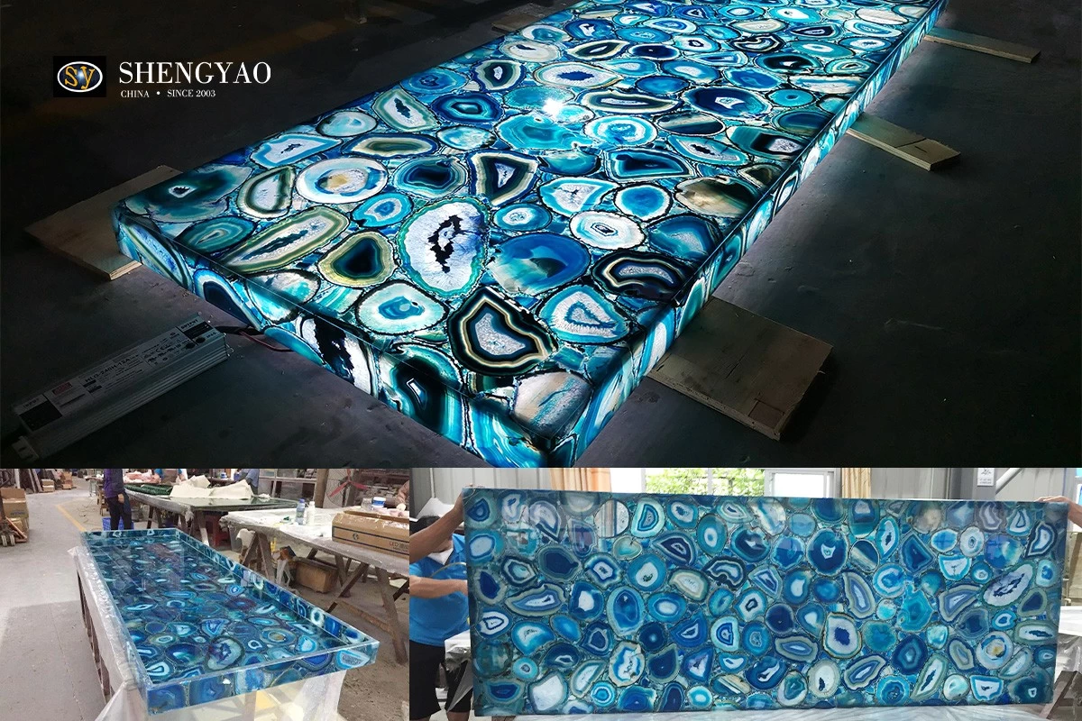 backlit blue agate stone countertop