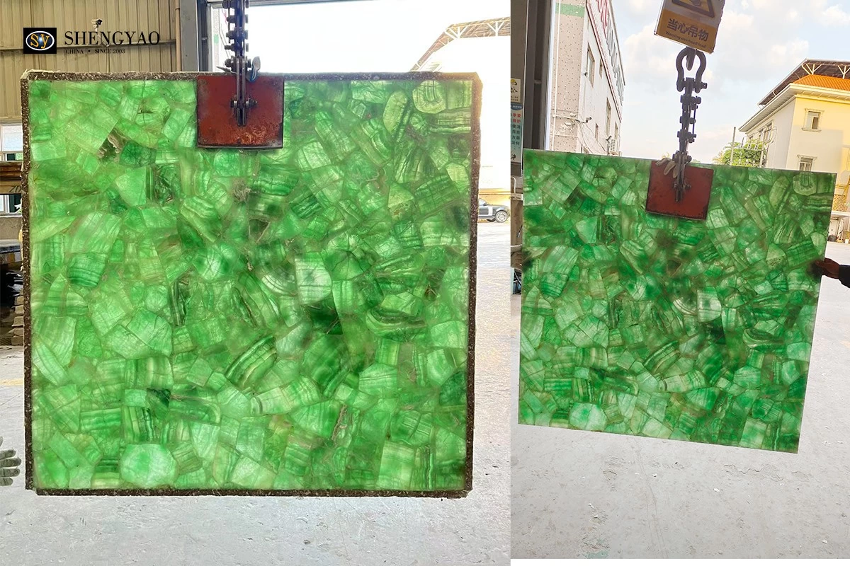 backlit green fluorite slabs