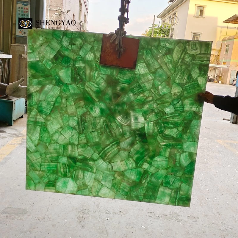 通体透光绿萤石板|透光水晶半宝石板材中国制造商