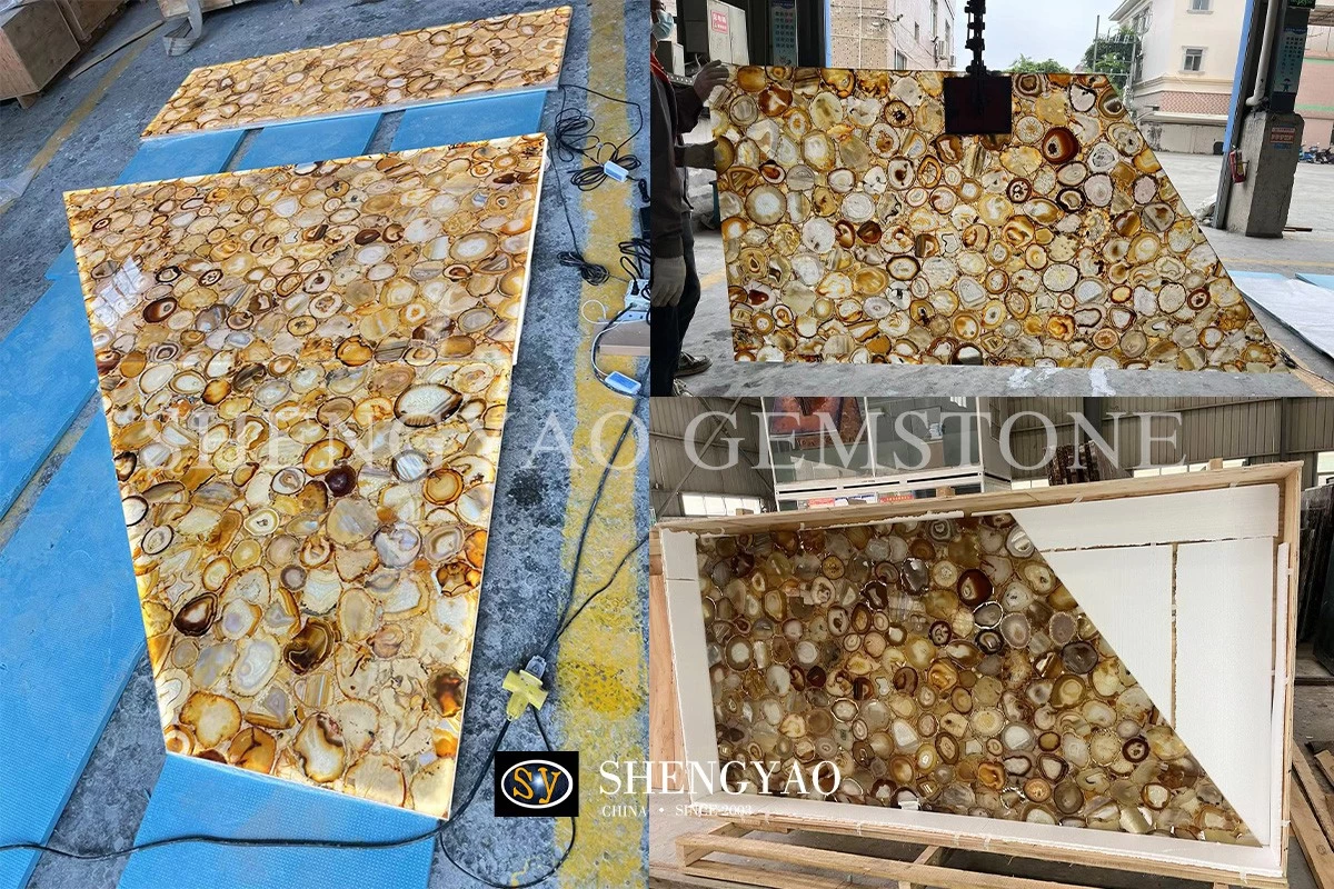 translucent backlit brown agate stone slab