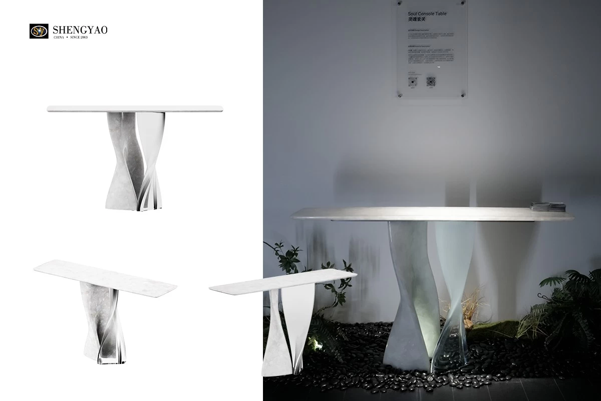 white crystal quartz console table