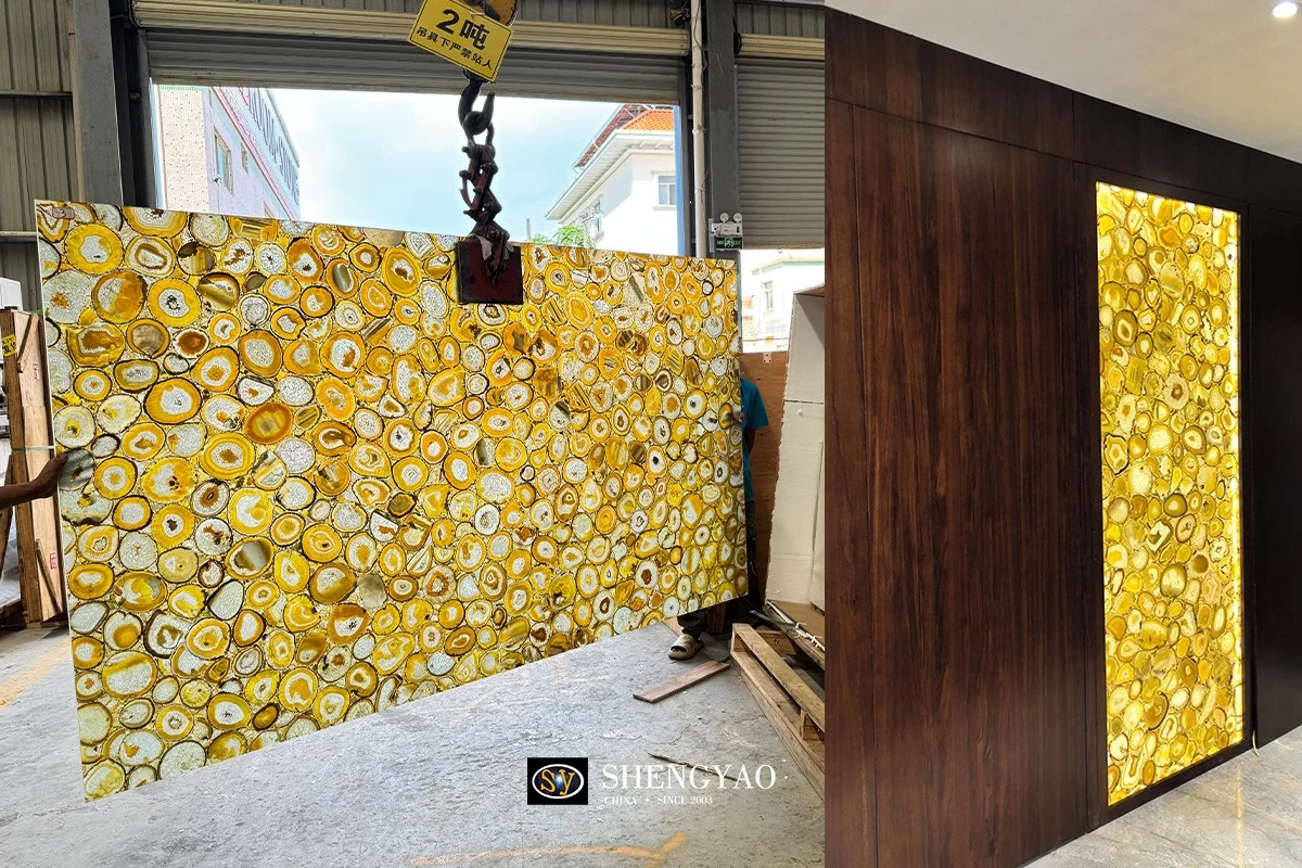 backlit yellow agate stone slab