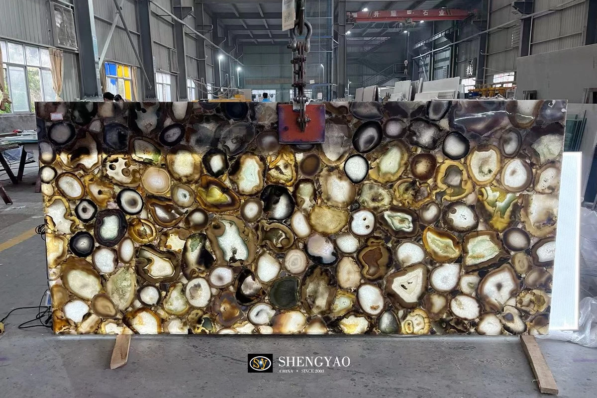 backlit translucent gray agate stone slab