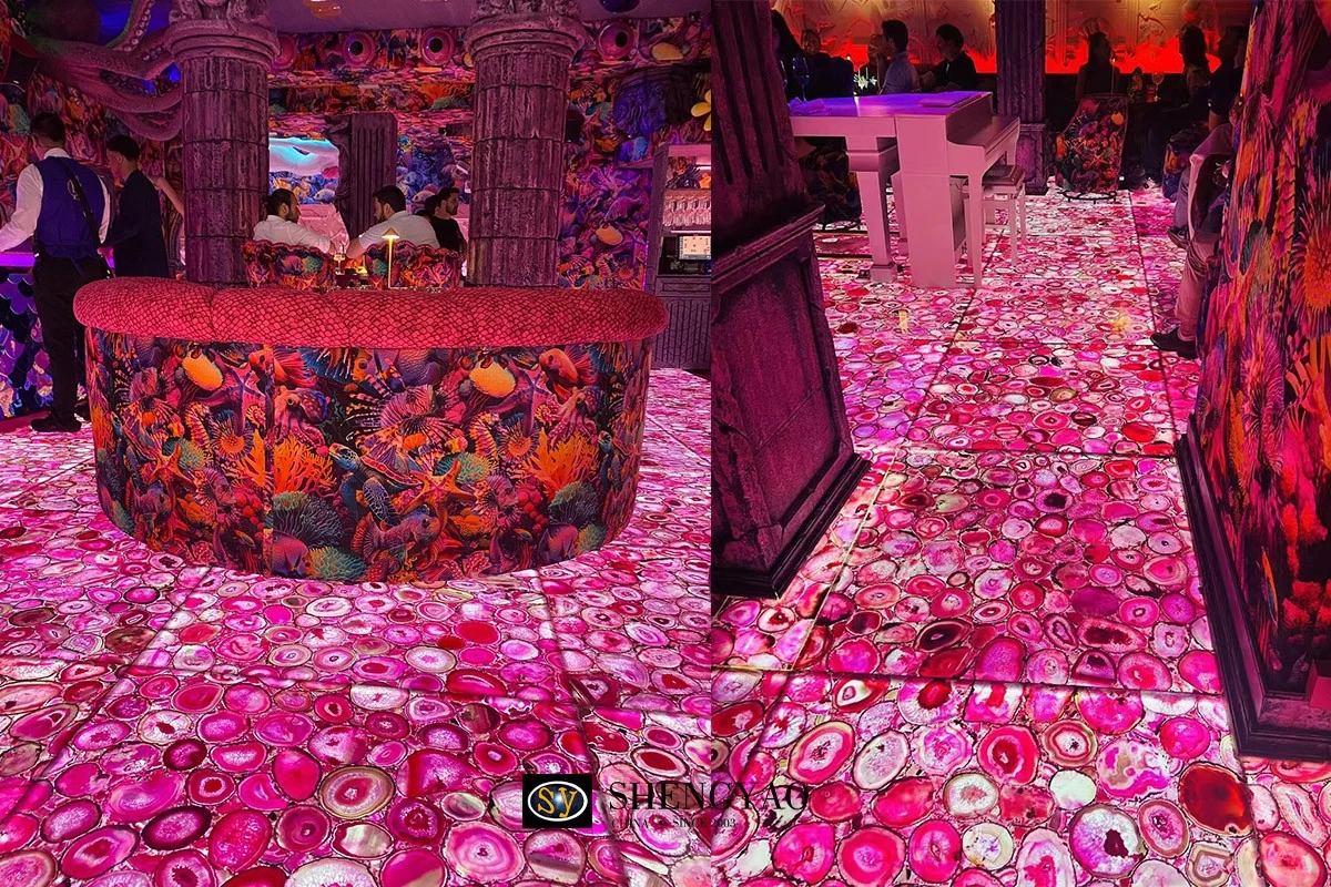 backlit pink agate stone flooring tiles