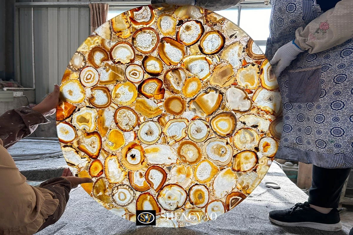 backlit brown agate stone table top