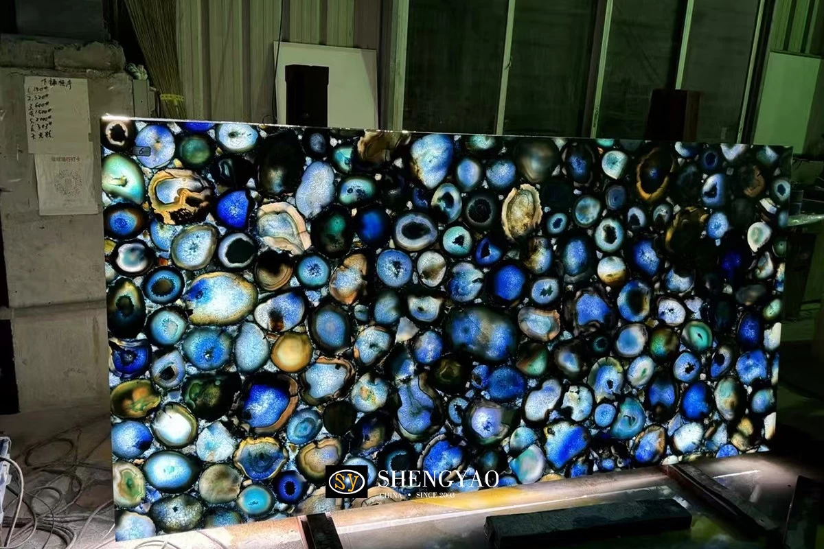 backlit solid blue agate stone slab