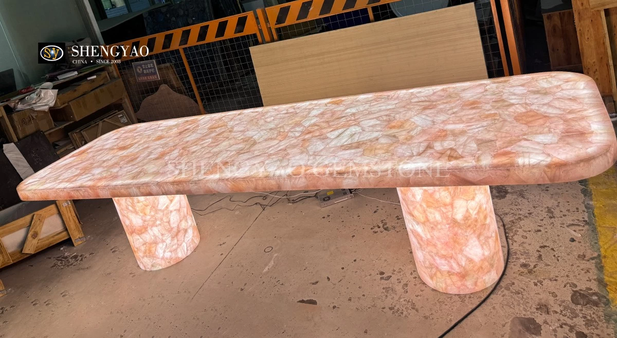 backlit pink crystal translucent rose quartz dining table