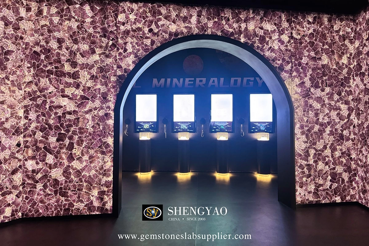 backlit gemstone amethyst slab wall panel