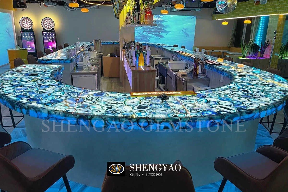 backlit blue agate stone bar counter