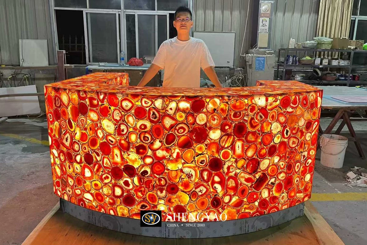 backlit red agate semi precious stone bar counter