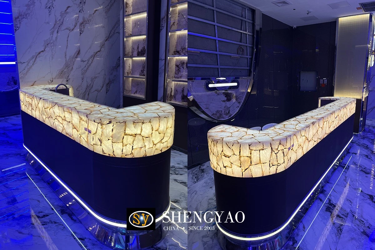backlit semi precious stone reception desk