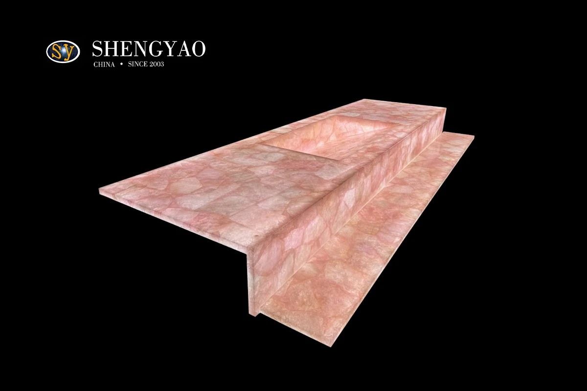 Backlit pink onyx crystal rose quartz vanity top sink wash basin