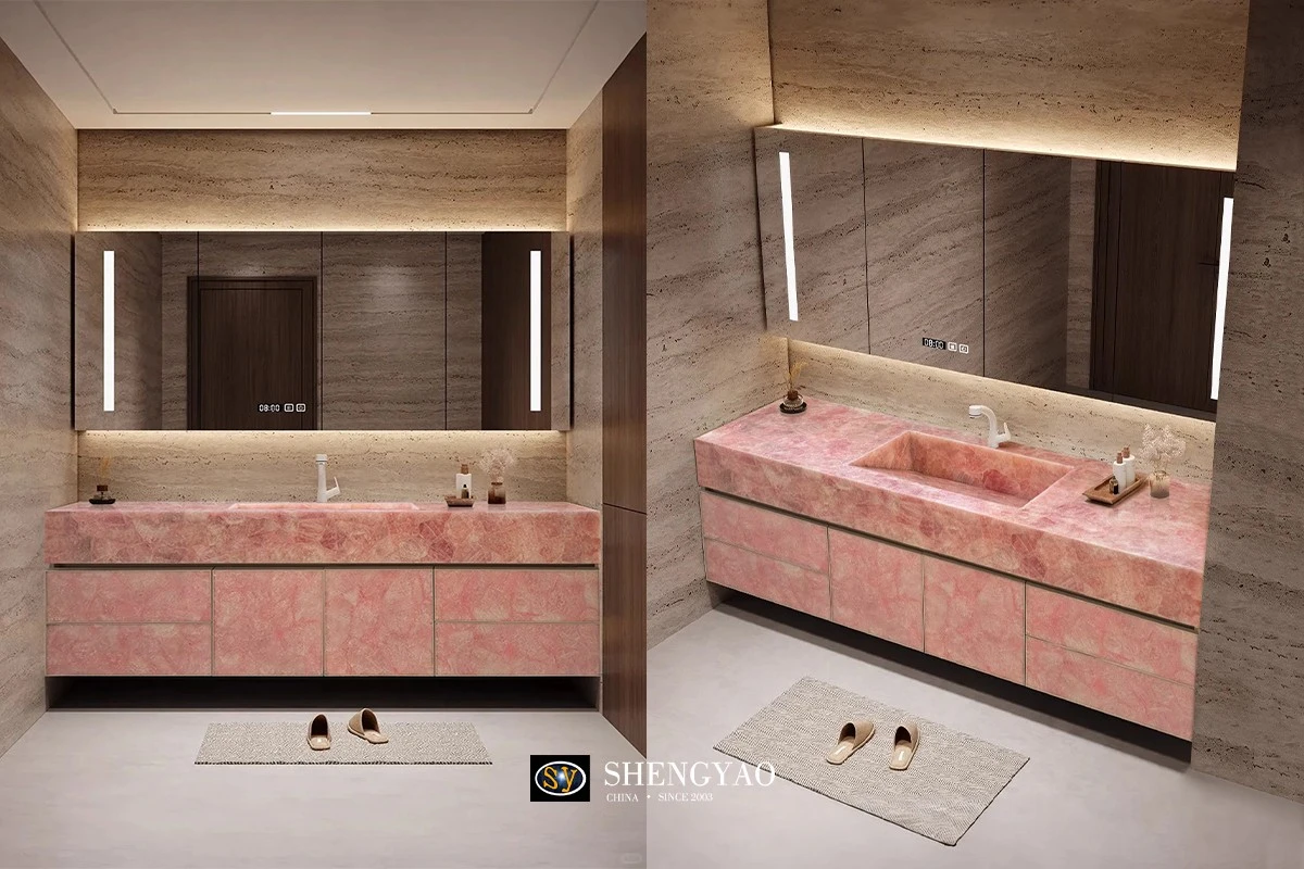 pink crystal rose quartz vanity top countertop sink